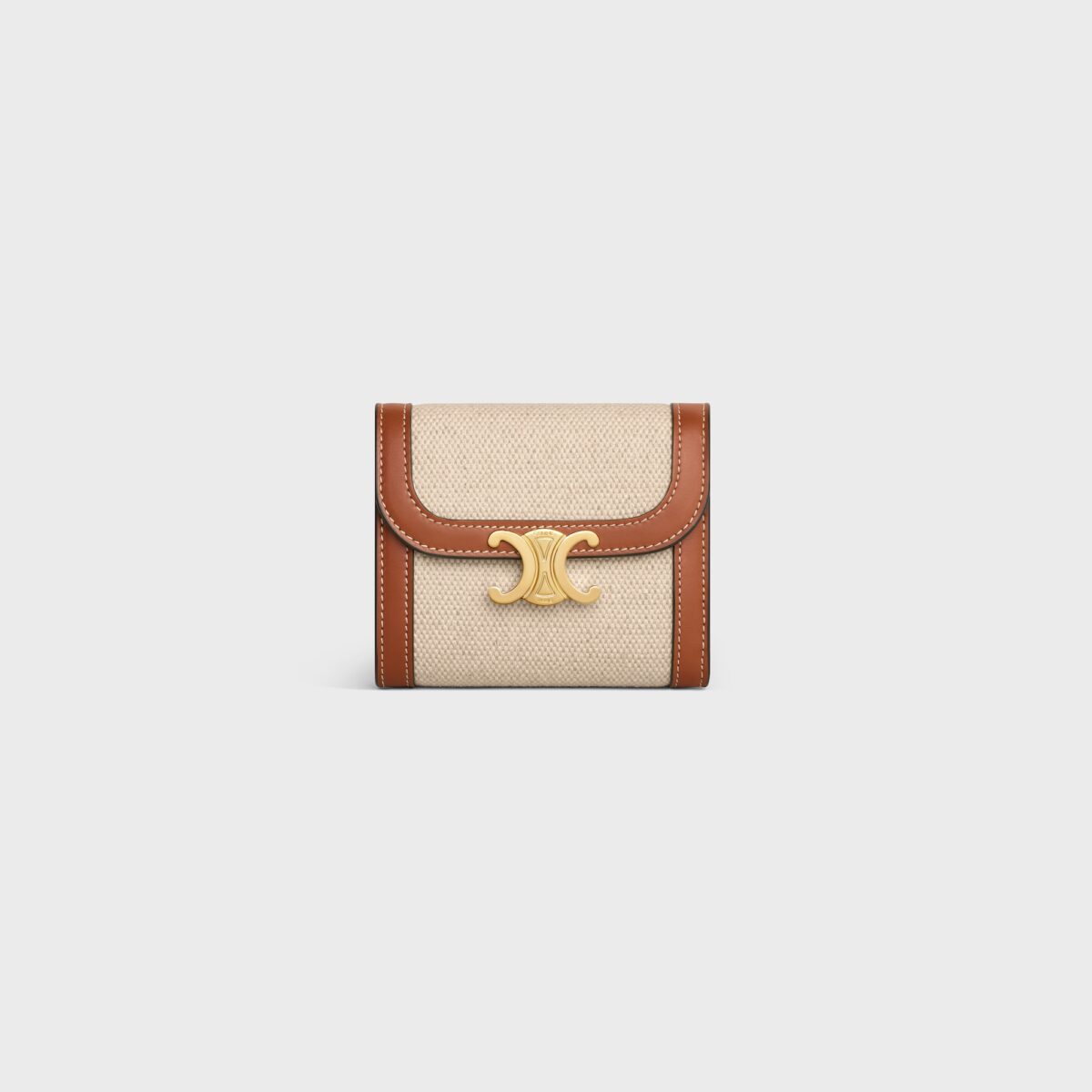 SMALL FLAP WALLET TRIOMPHE IN TEXTILE AND CALFSKIN NATURAL / TAN